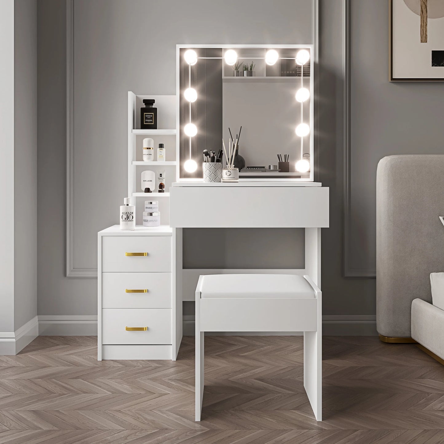 Hollywood Mirror Dressing Table with Storage, Drawers Vanity Makeup Desk