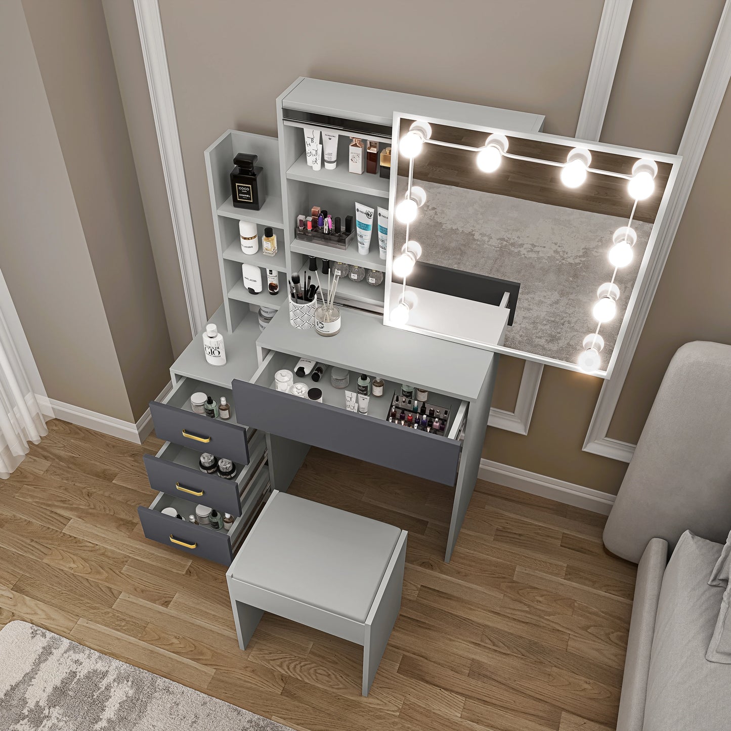 Hollywood Mirror Dressing Table with Storage, Drawers Vanity Makeup Desk
