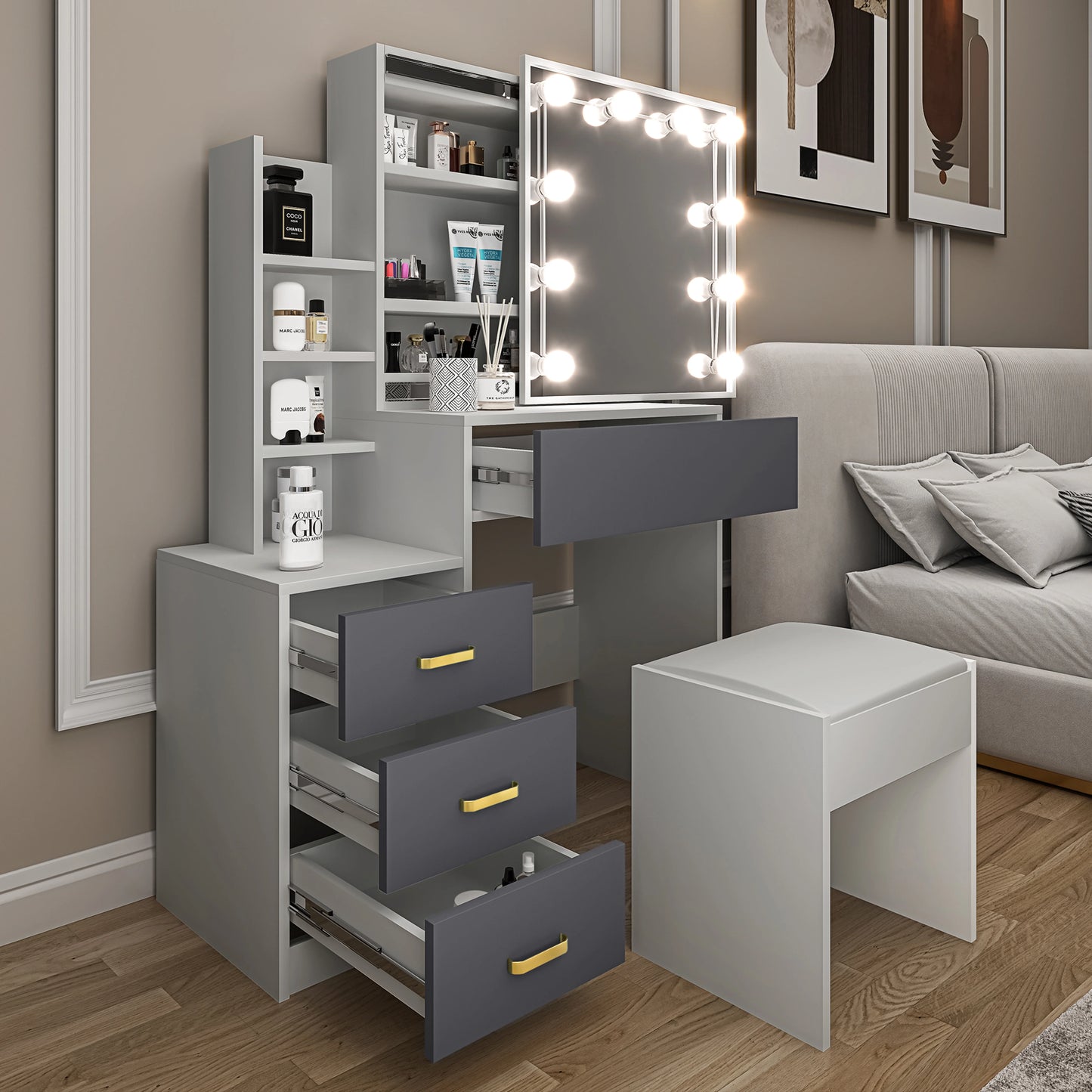 Hollywood Mirror Dressing Table with Storage, Drawers Vanity Makeup Desk