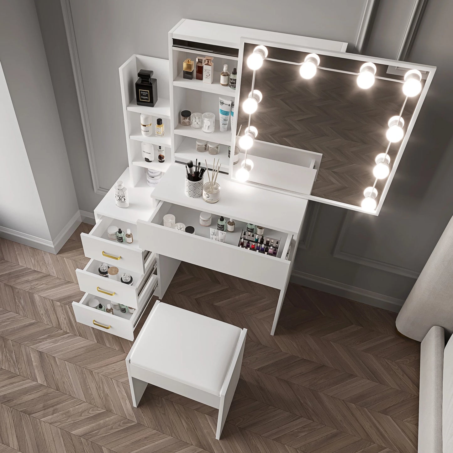 Hollywood Mirror Dressing Table with Storage, Drawers Vanity Makeup Desk