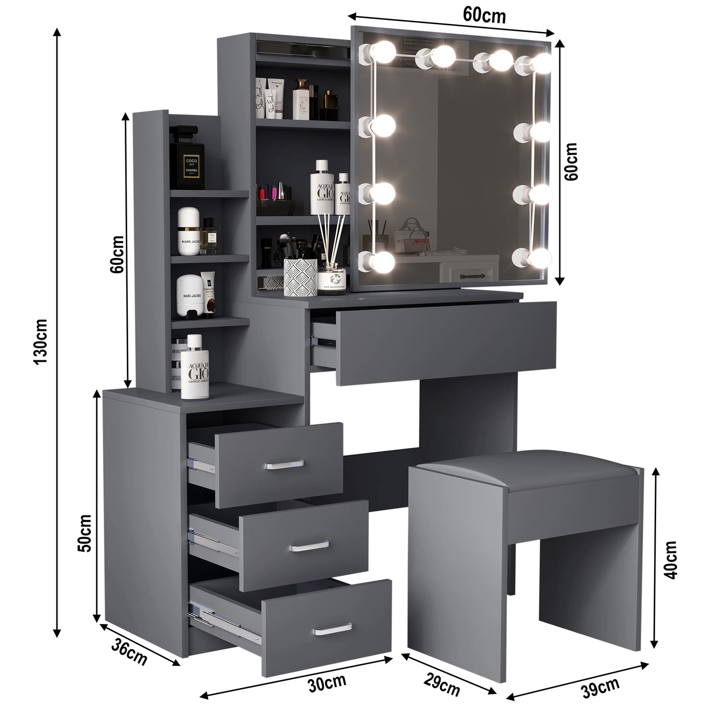 Hollywood Mirror Dressing Table with Storage, Drawers Vanity Makeup Desk