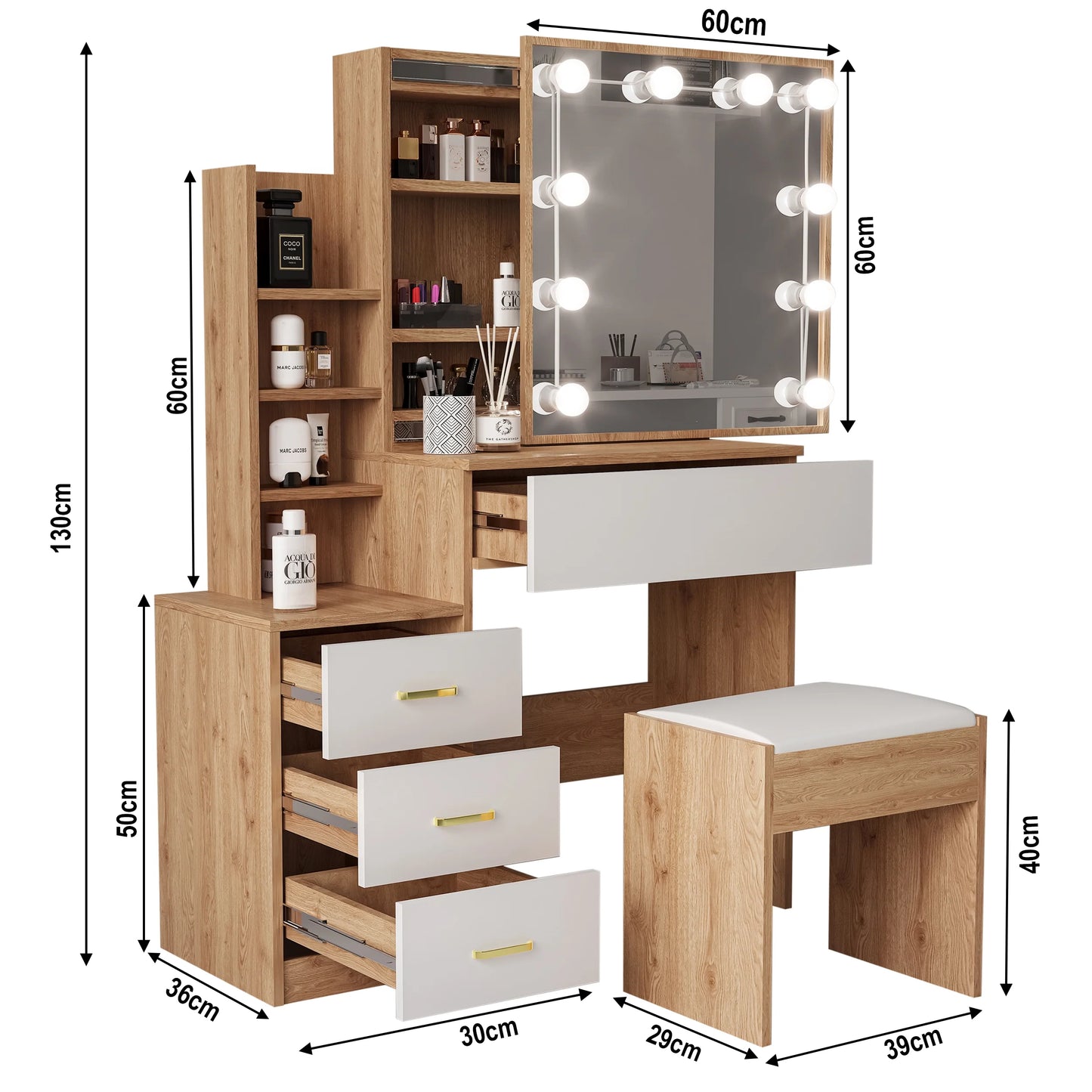 Hollywood Mirror Dressing Table with Storage, Drawers Vanity Makeup Desk