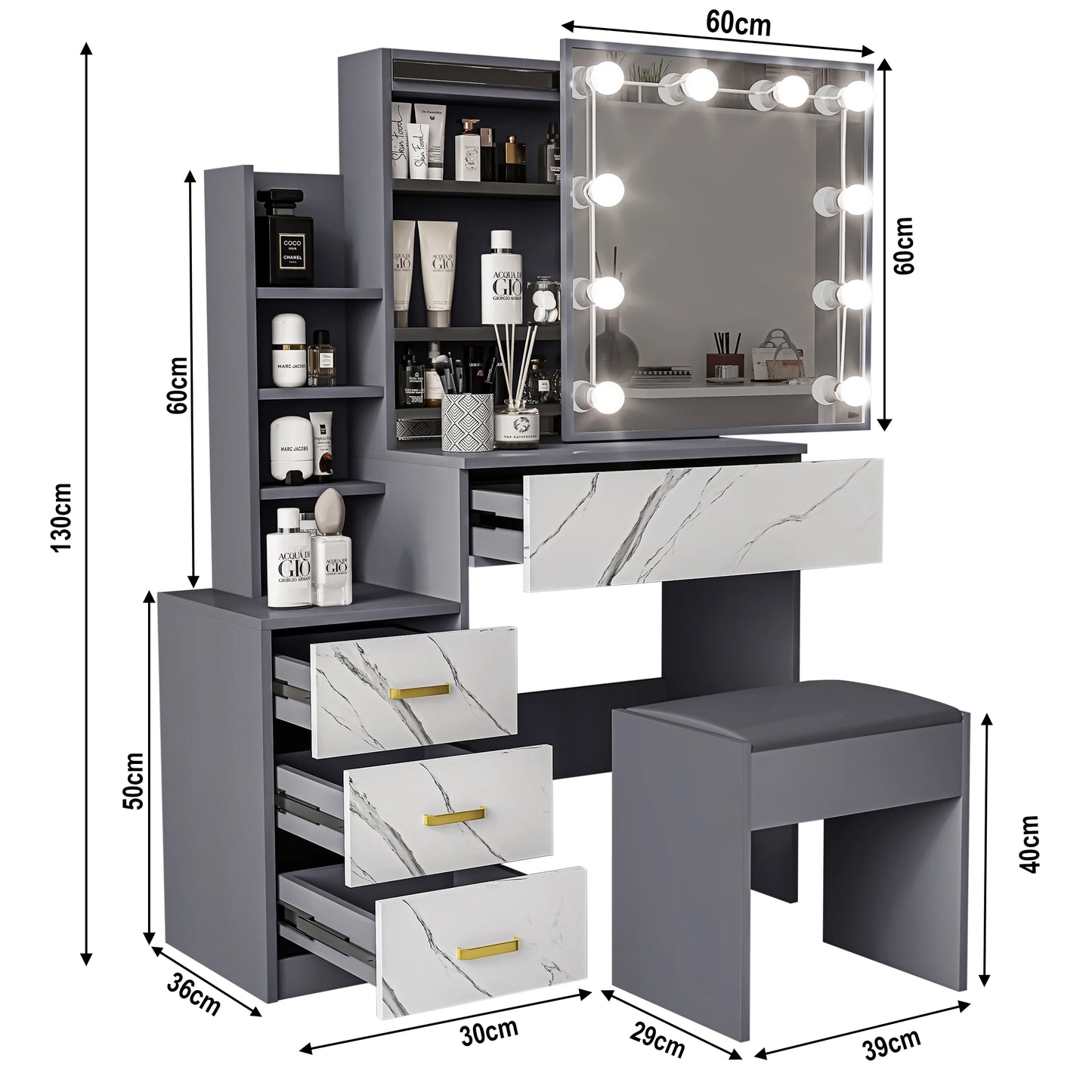 Hollywood Mirror Dressing Table with Storage, Drawers Vanity Makeup Desk