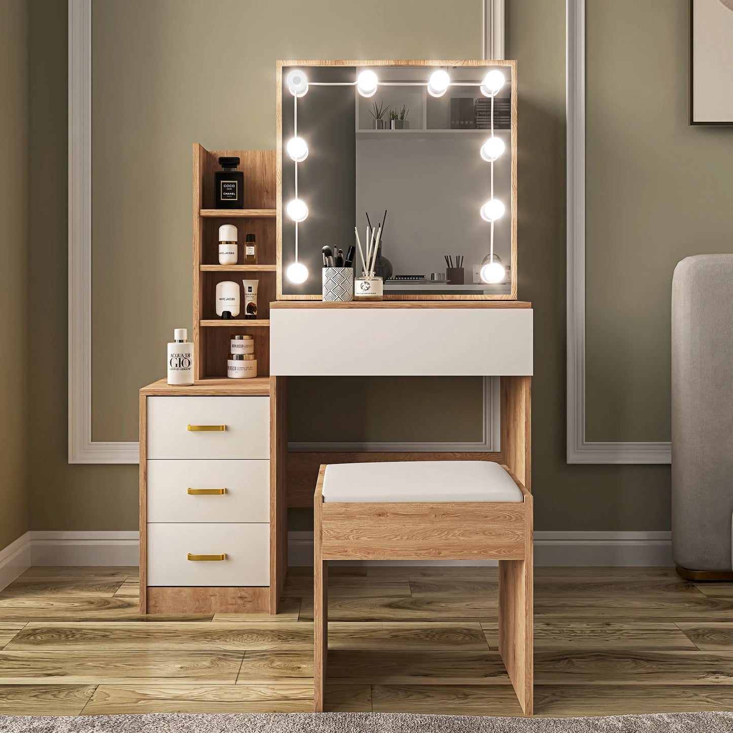 Hollywood Mirror Dressing Table with Storage, Drawers Vanity Makeup Desk