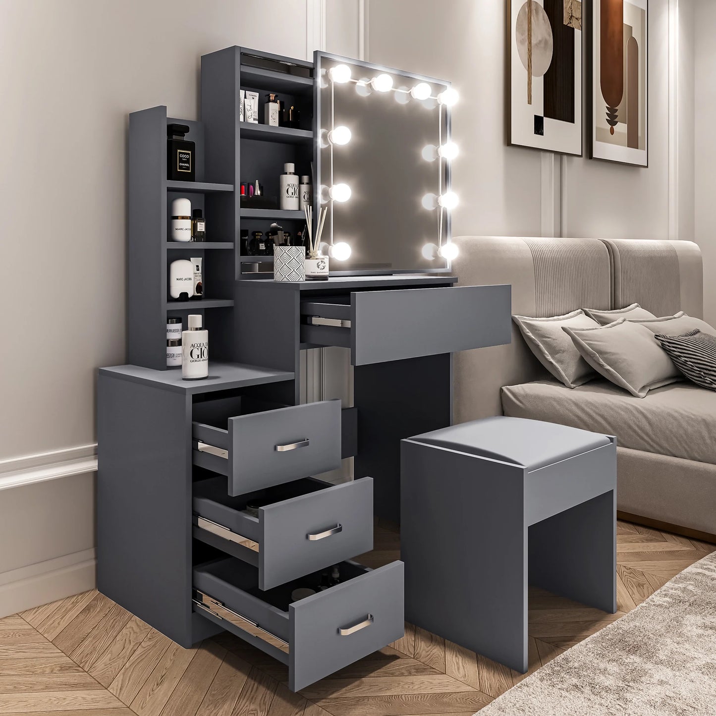 Hollywood Mirror Dressing Table with Storage, Drawers Vanity Makeup Desk
