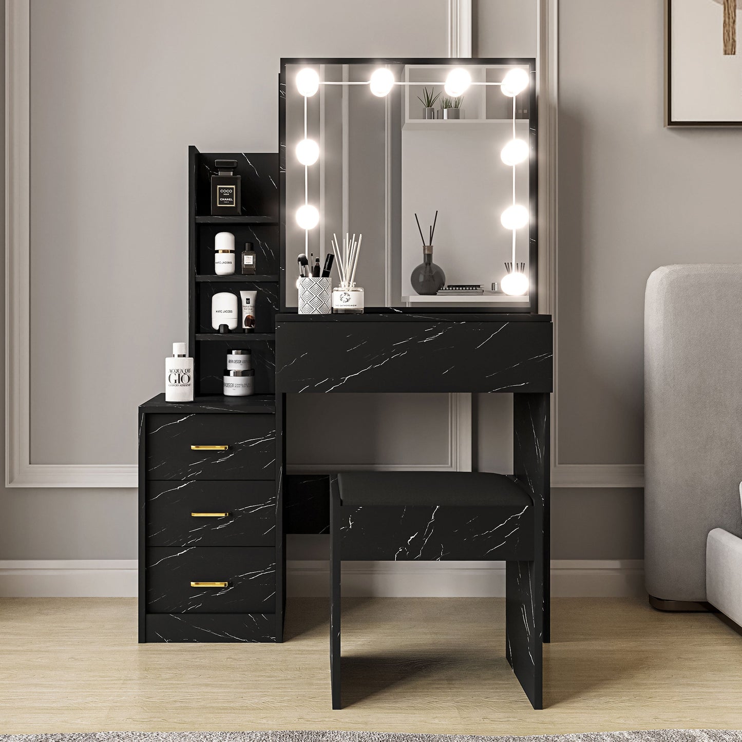 Hollywood Mirror Dressing Table with Storage, Drawers Vanity Makeup Desk