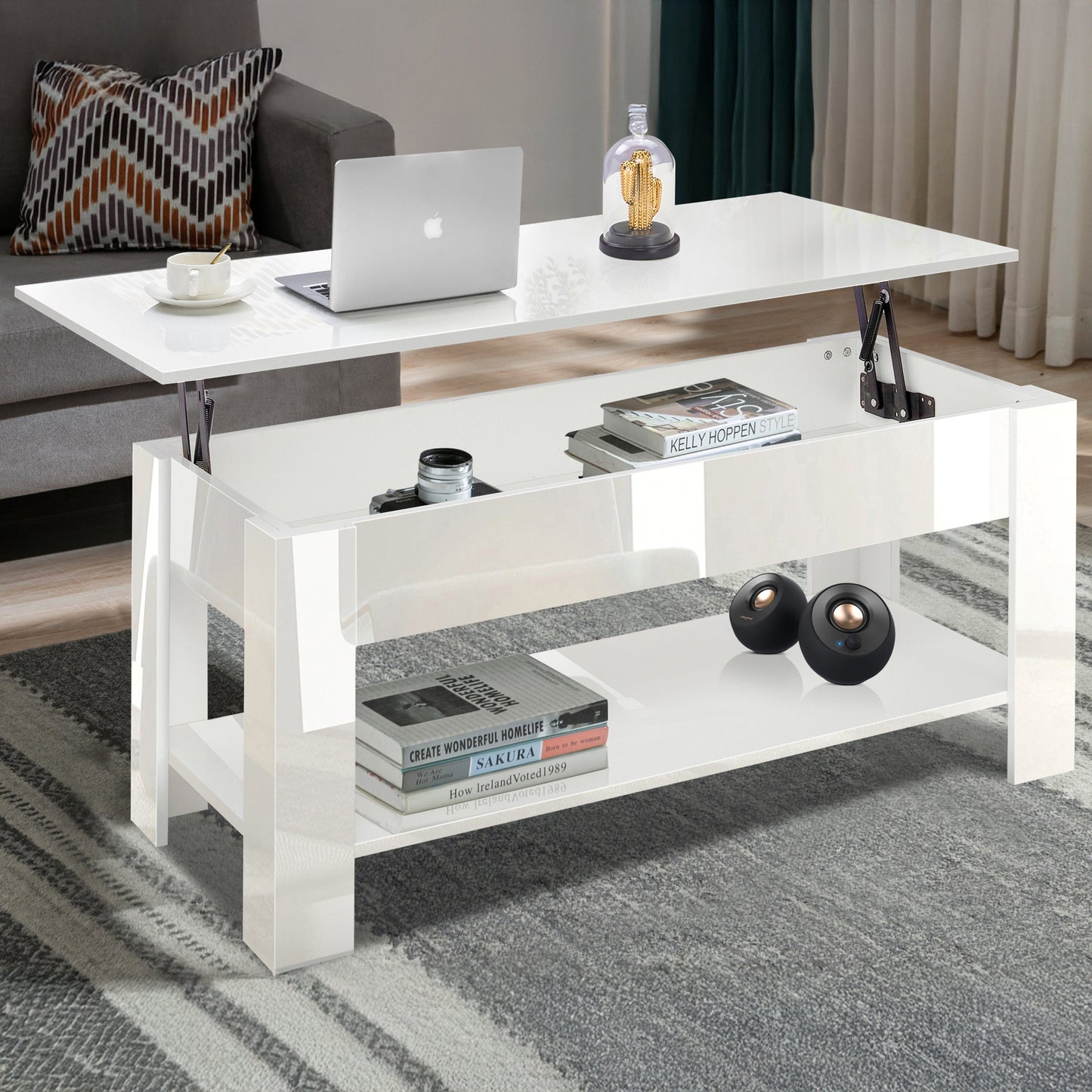 High Gloss Lift Top Coffee Table With Hidden Storage Shelf