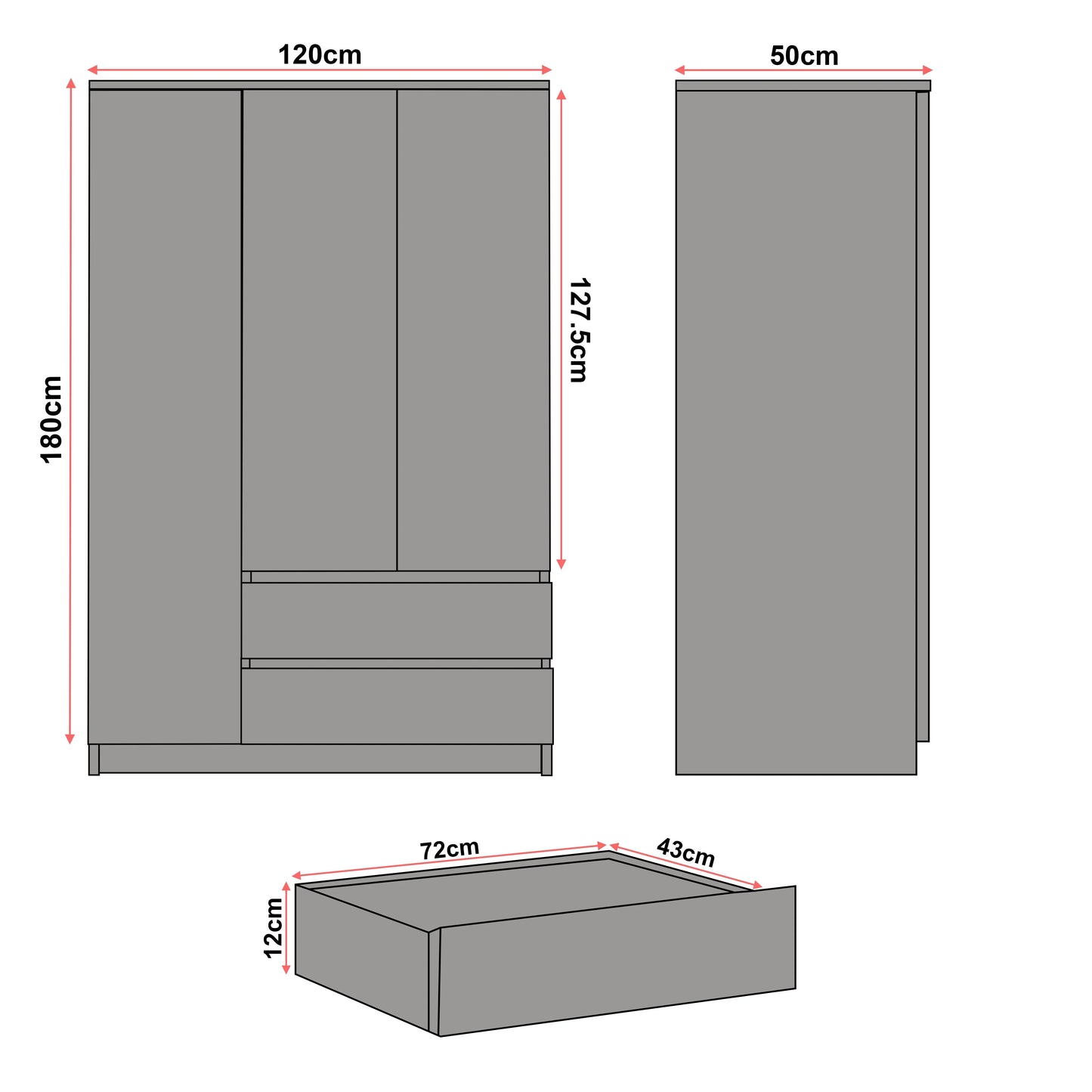 High Gloss 3 Door Wardrobe With Drawers And Shelves