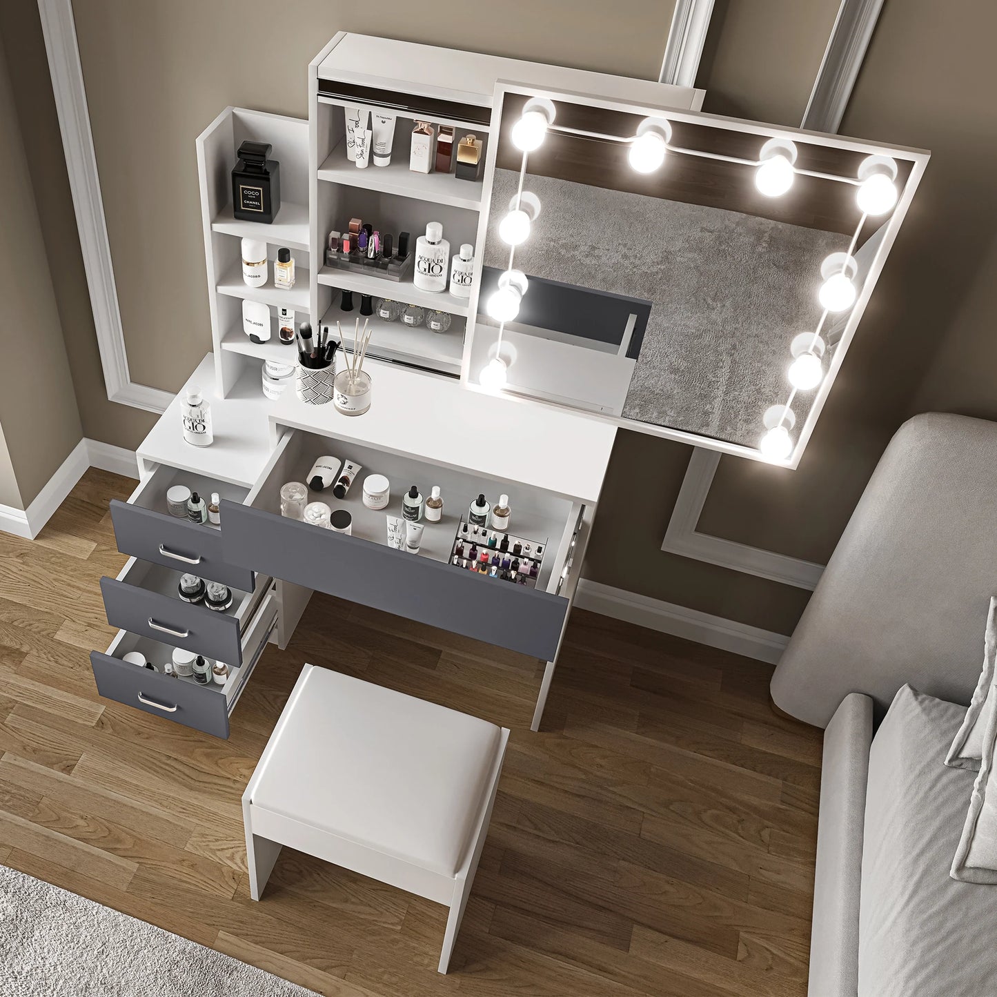 Hollywood Mirror Dressing Table with Storage, Drawers Vanity Makeup Desk