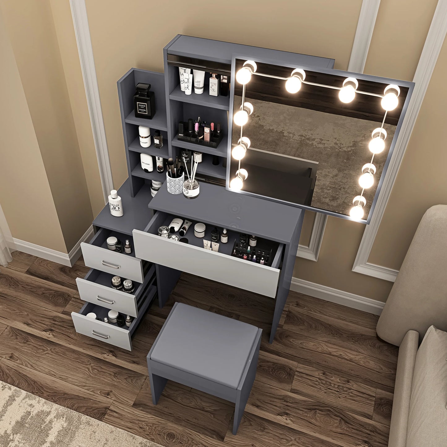 Hollywood Mirror Dressing Table with Storage, Drawers Vanity Makeup Desk