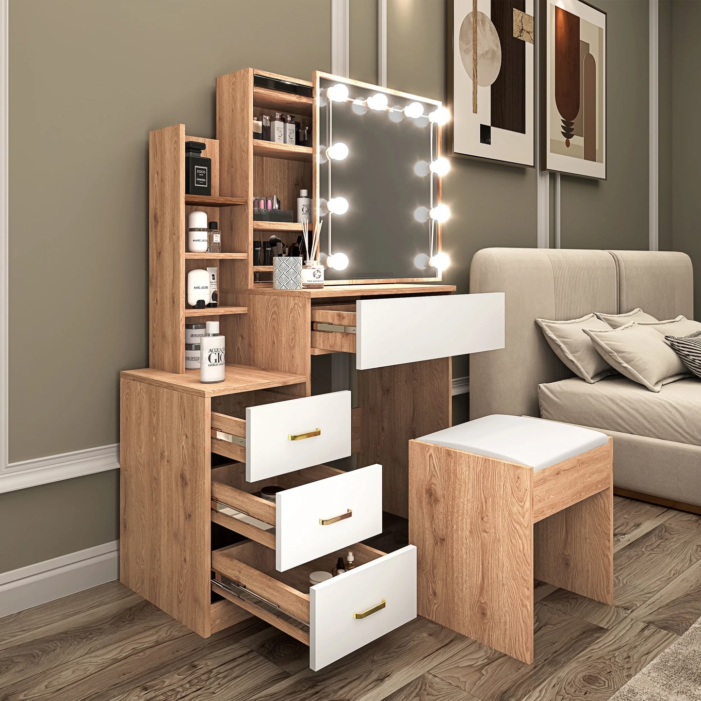 Hollywood Mirror Dressing Table with Storage, Drawers Vanity Makeup Desk