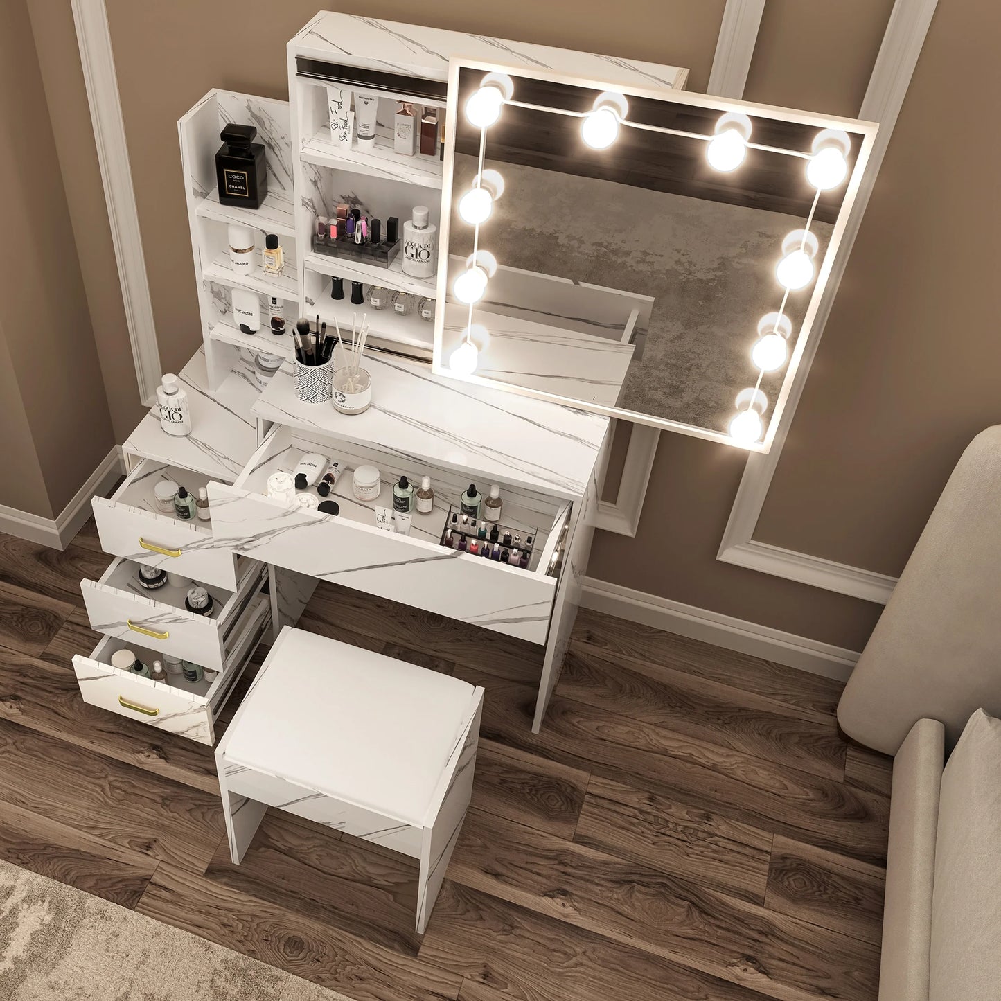 Hollywood Mirror Dressing Table with Storage, Drawers Vanity Makeup Desk