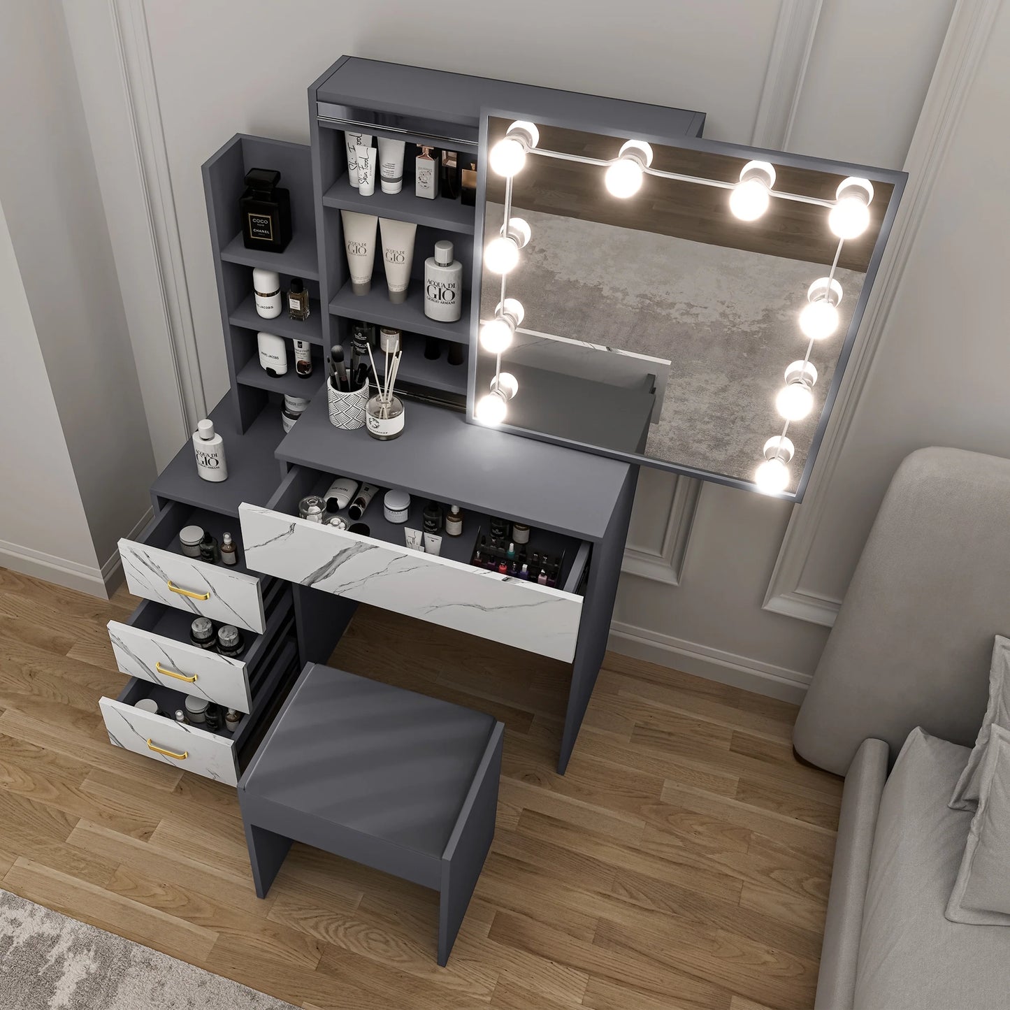 Hollywood Mirror Dressing Table with Storage, Drawers Vanity Makeup Desk