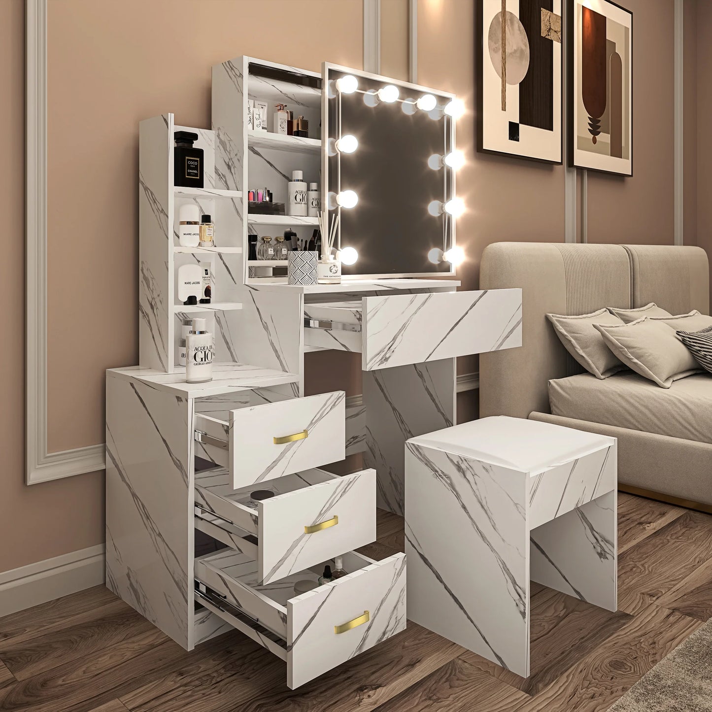 Hollywood Mirror Dressing Table with Storage, Drawers Vanity Makeup Desk