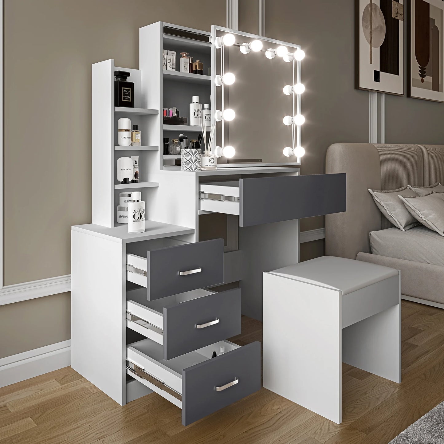 Hollywood Mirror Dressing Table with Storage, Drawers Vanity Makeup Desk