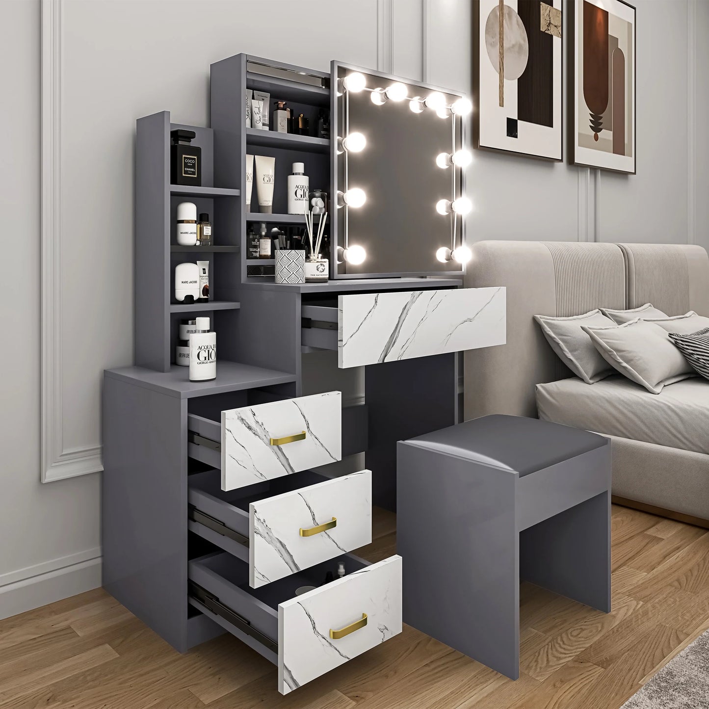 Hollywood Mirror Dressing Table with Storage, Drawers Vanity Makeup Desk