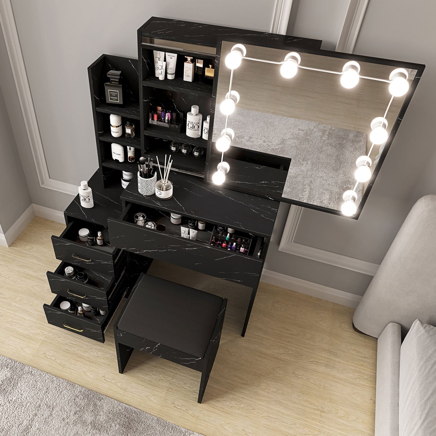 Hollywood Mirror Dressing Table with Storage, Drawers Vanity Makeup Desk