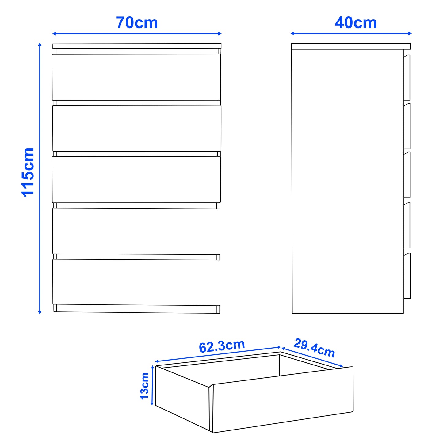 High Gloss Tall Chest of Drawers - 5 Drawer Chest Bedroom Drawers