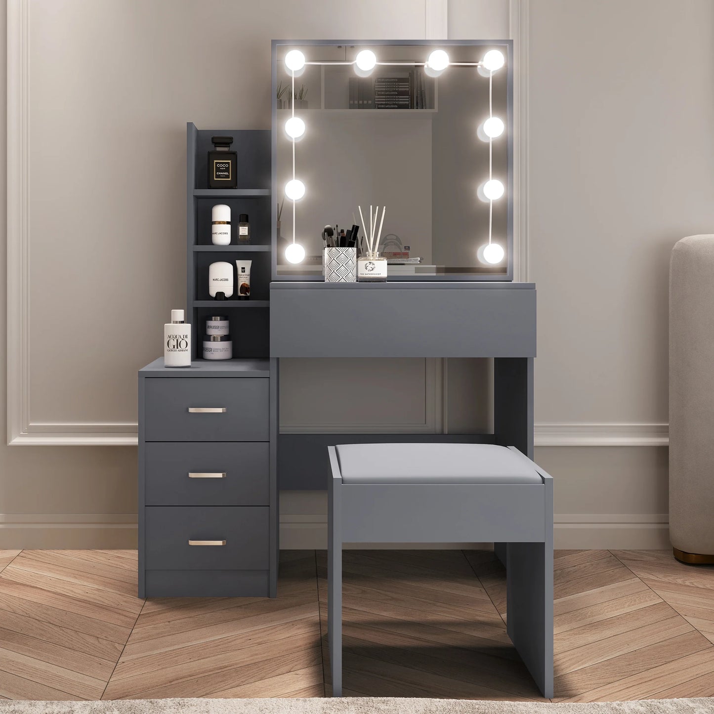 Hollywood Mirror Dressing Table with Storage, Drawers Vanity Makeup Desk