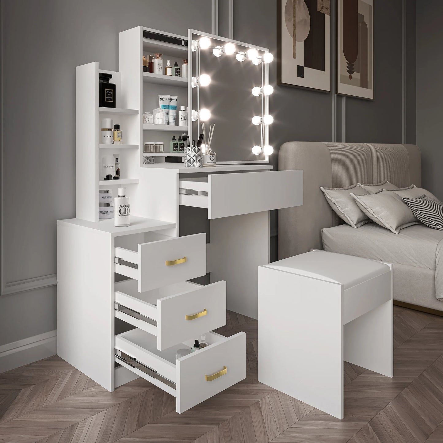 Hollywood Mirror Dressing Table with Storage, Drawers Vanity Makeup Desk