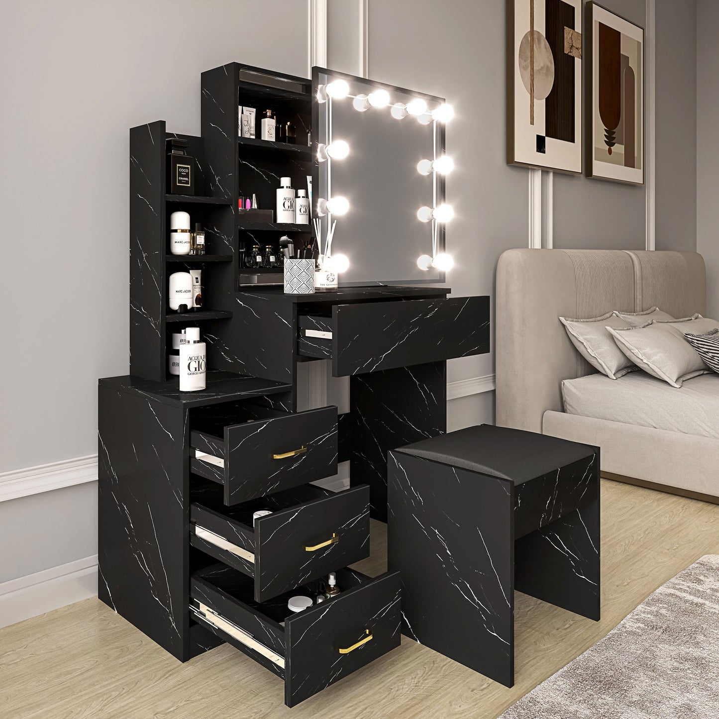 Hollywood Mirror Dressing Table with Storage, Drawers Vanity Makeup Desk