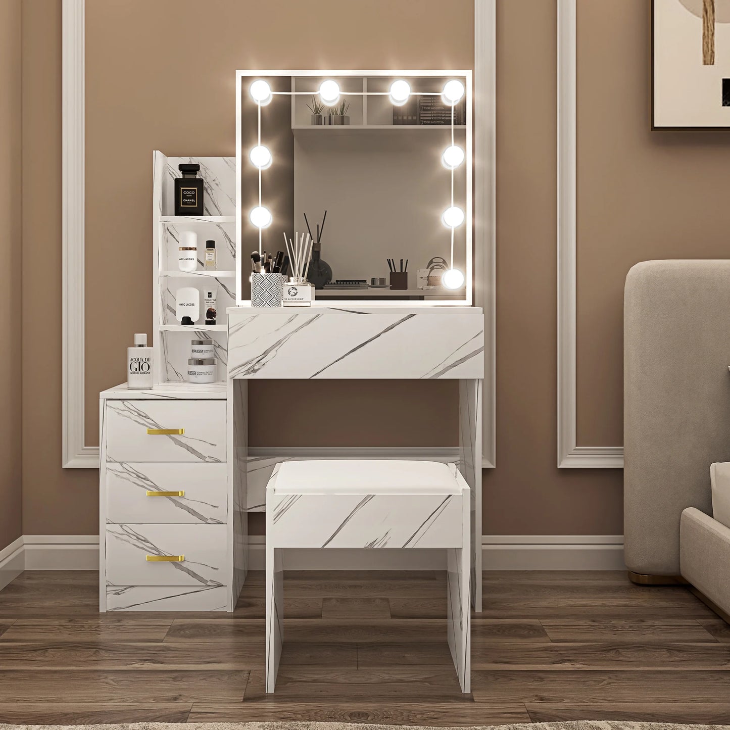 Hollywood Mirror Dressing Table with Storage, Drawers Vanity Makeup Desk