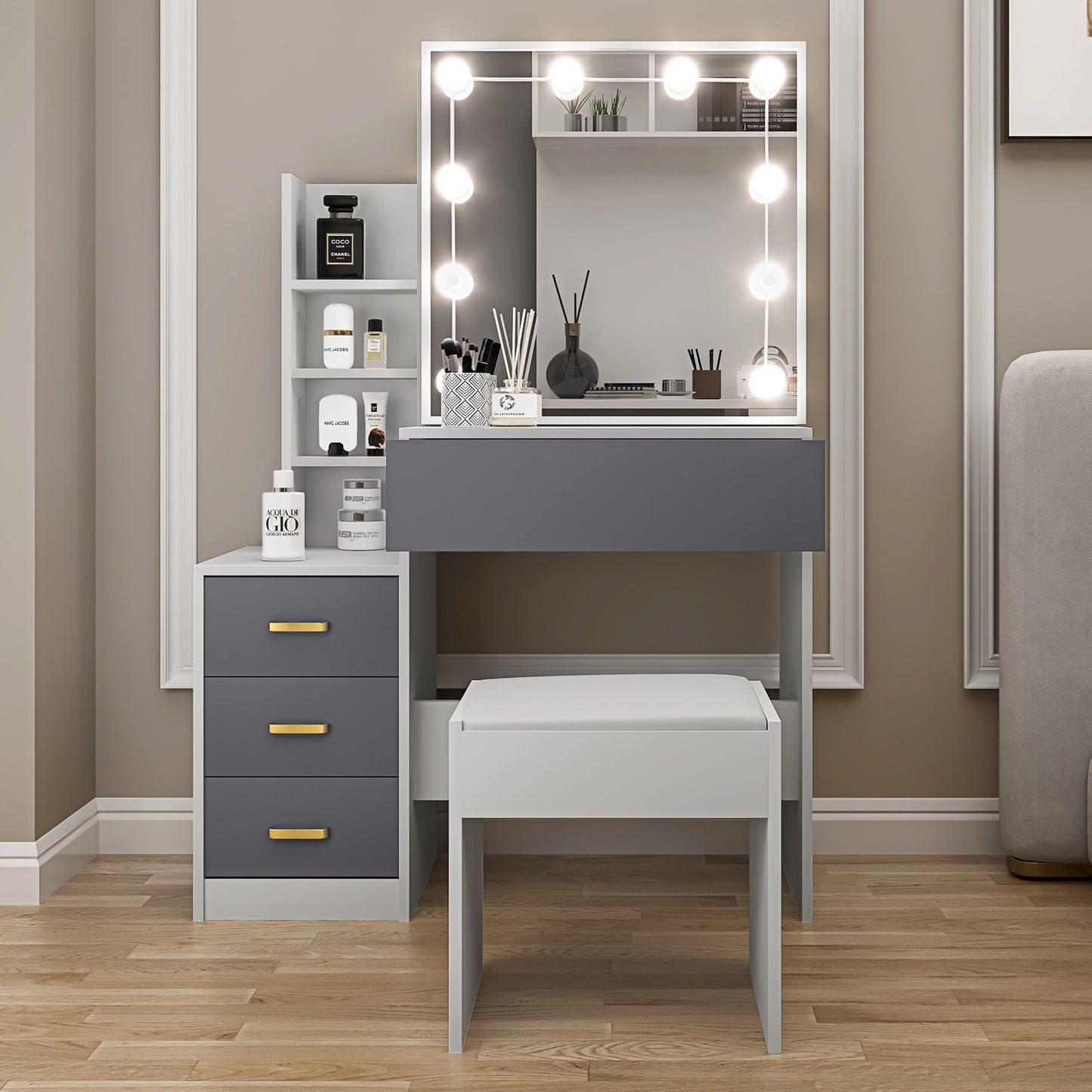 Hollywood Mirror Dressing Table with Storage, Drawers Vanity Makeup Desk