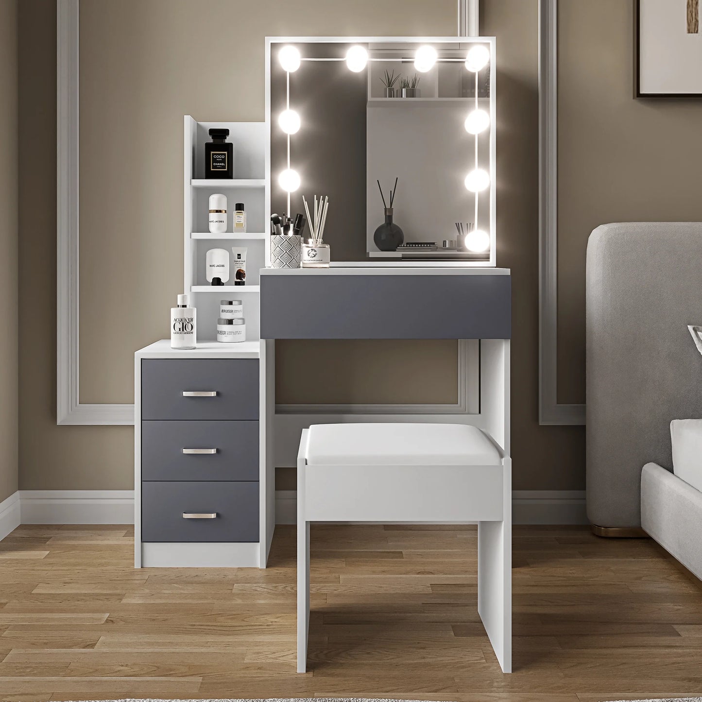 Hollywood Mirror Dressing Table with Storage, Drawers Vanity Makeup Desk