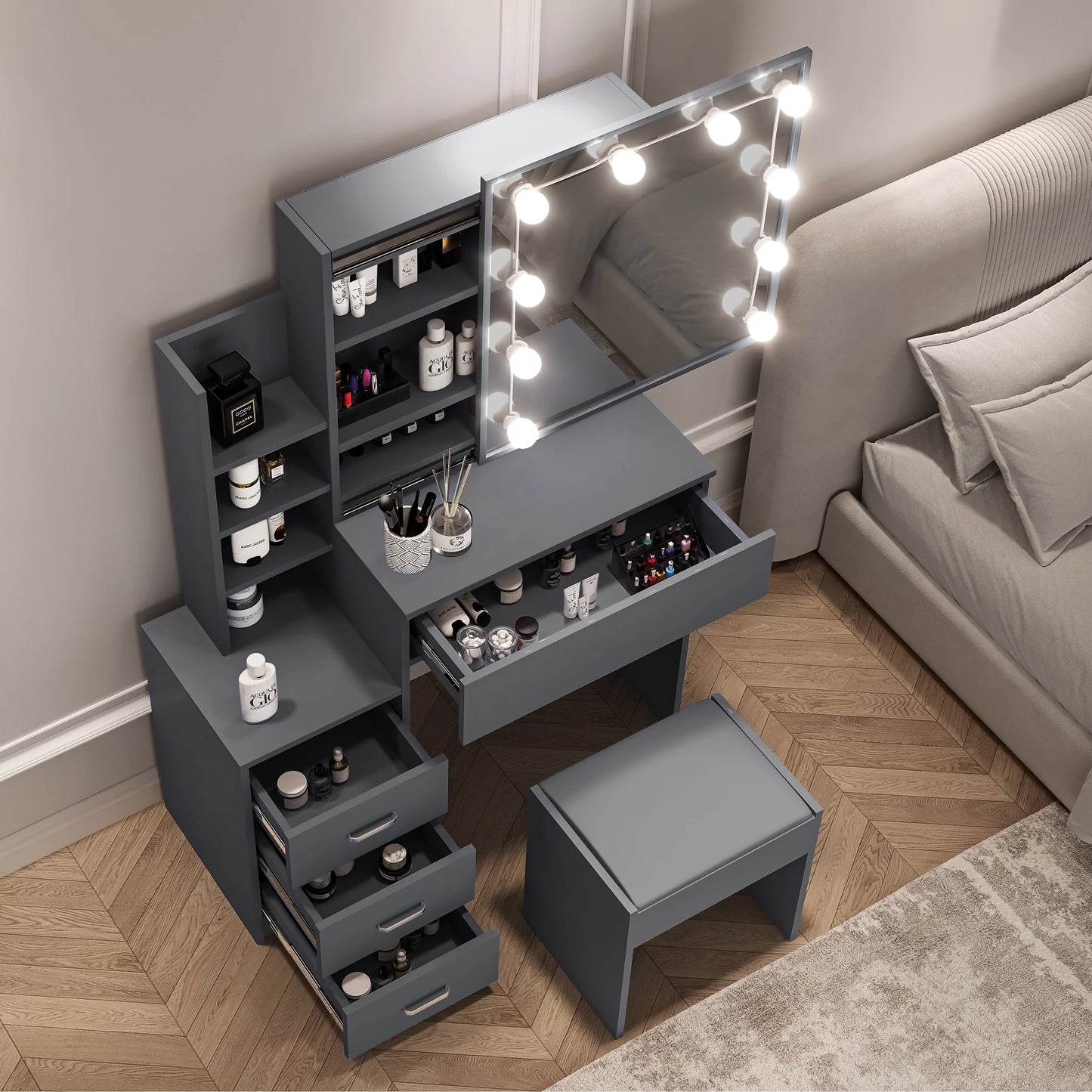 Hollywood Mirror Dressing Table with Storage, Drawers Vanity Makeup Desk