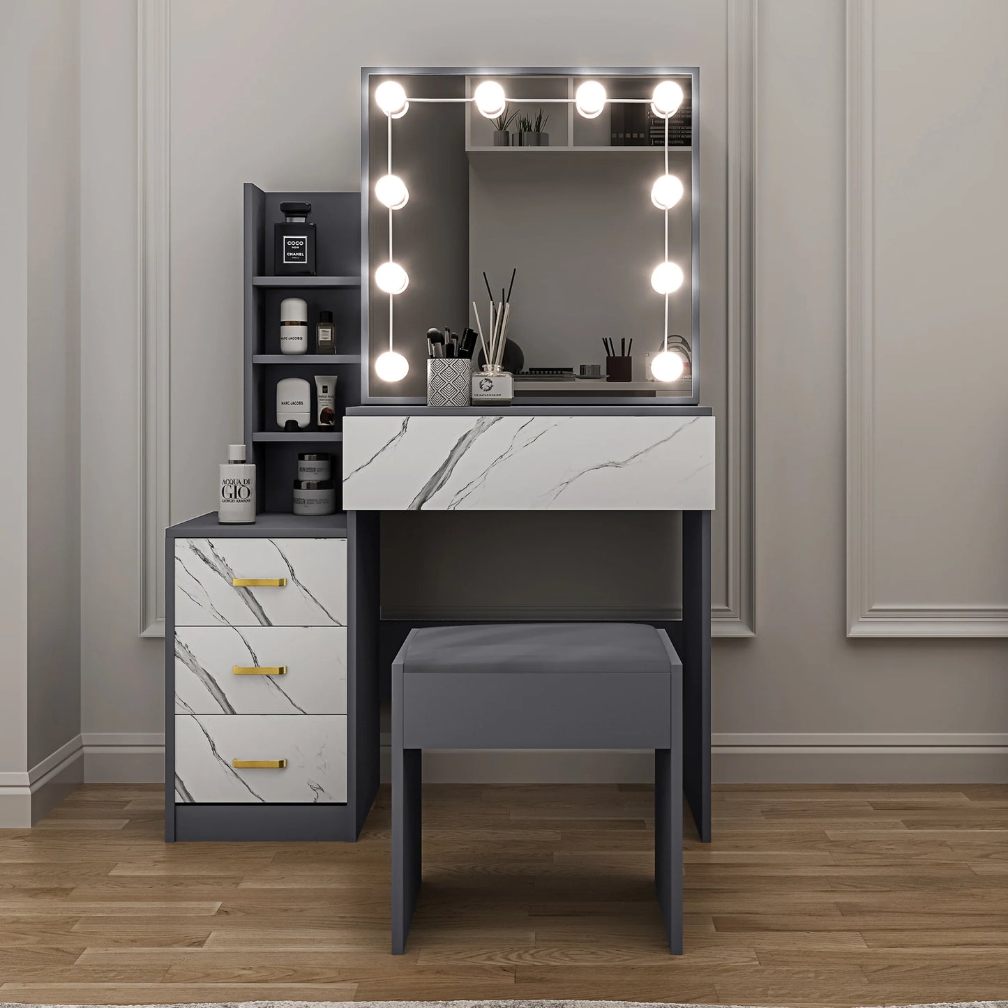 Hollywood Mirror Dressing Table with Storage, Drawers Vanity Makeup Desk