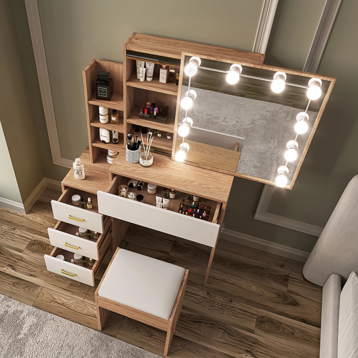 Hollywood Mirror Dressing Table with Storage, Drawers Vanity Makeup Desk