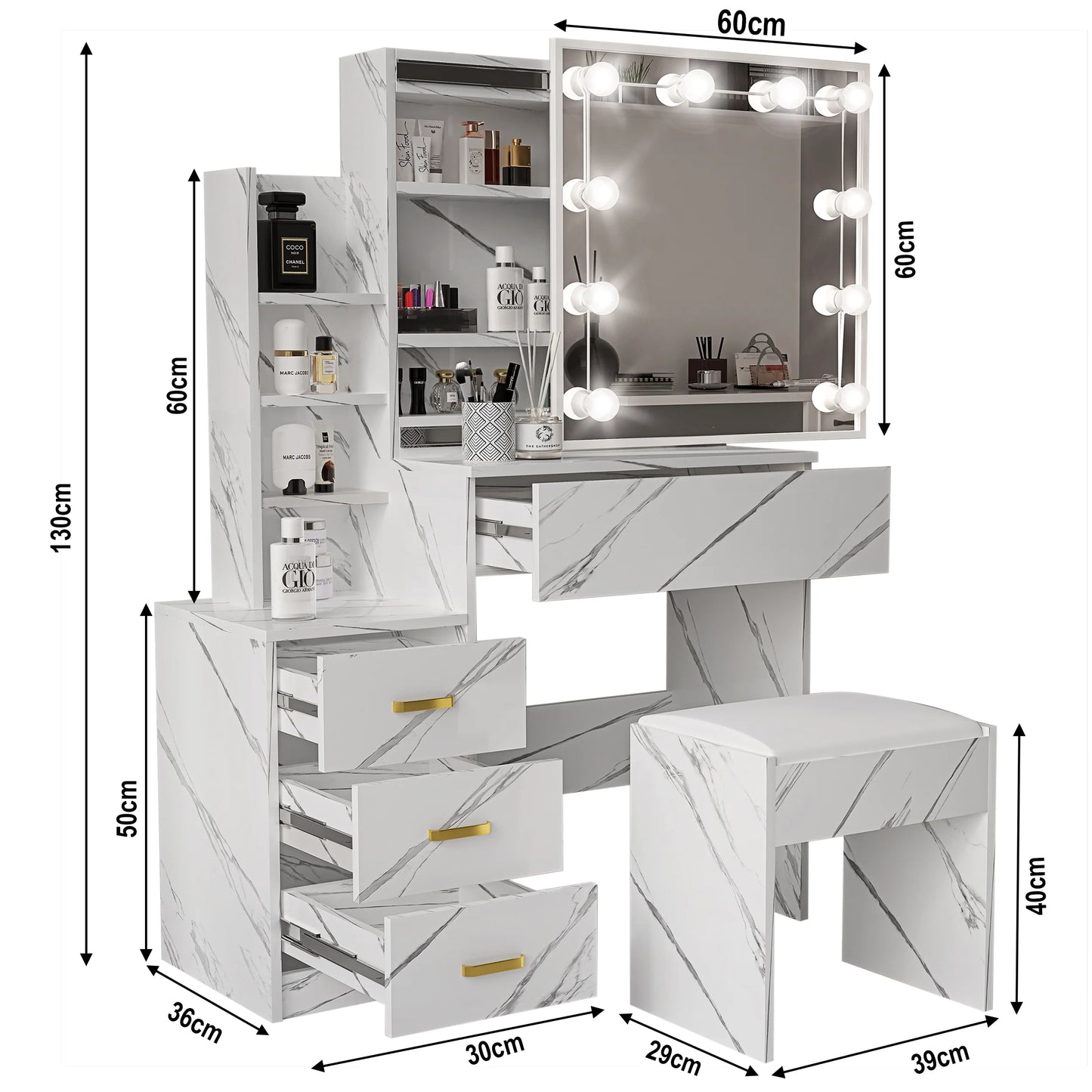 Hollywood Mirror Dressing Table with Storage, Drawers Vanity Makeup Desk