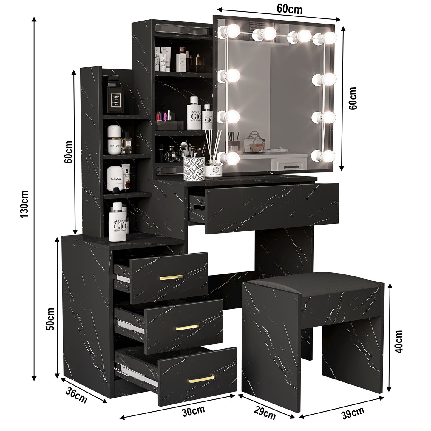Hollywood Mirror Dressing Table with Storage, Drawers Vanity Makeup Desk
