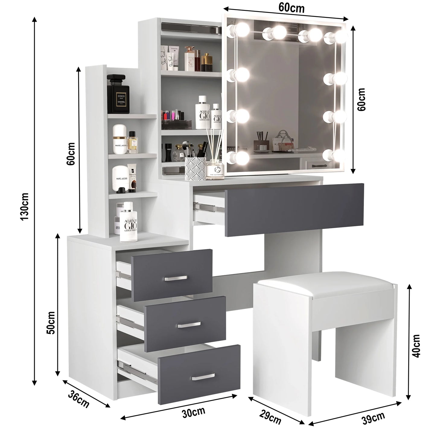 Hollywood Mirror Dressing Table with Storage, Drawers Vanity Makeup Desk