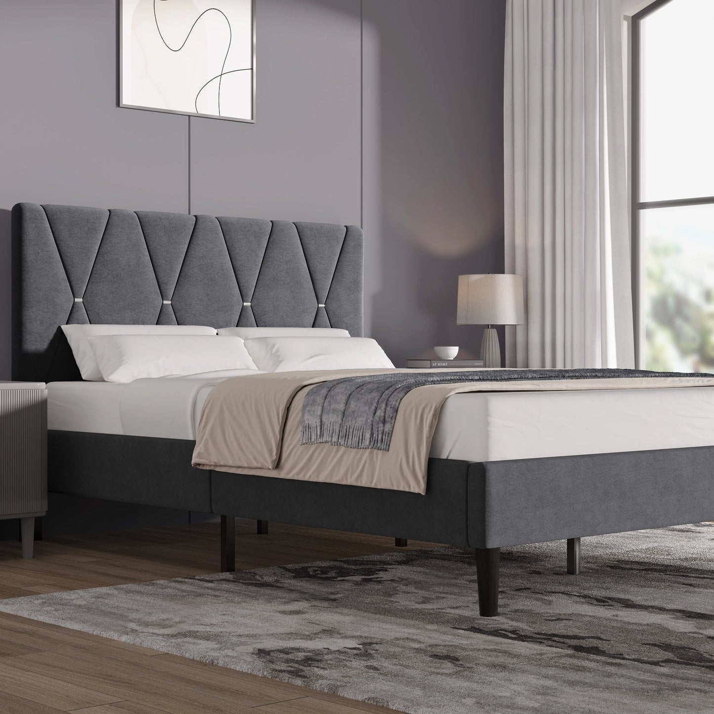 Velvet Upholstered Bed Frame Double & King Size with Headboard