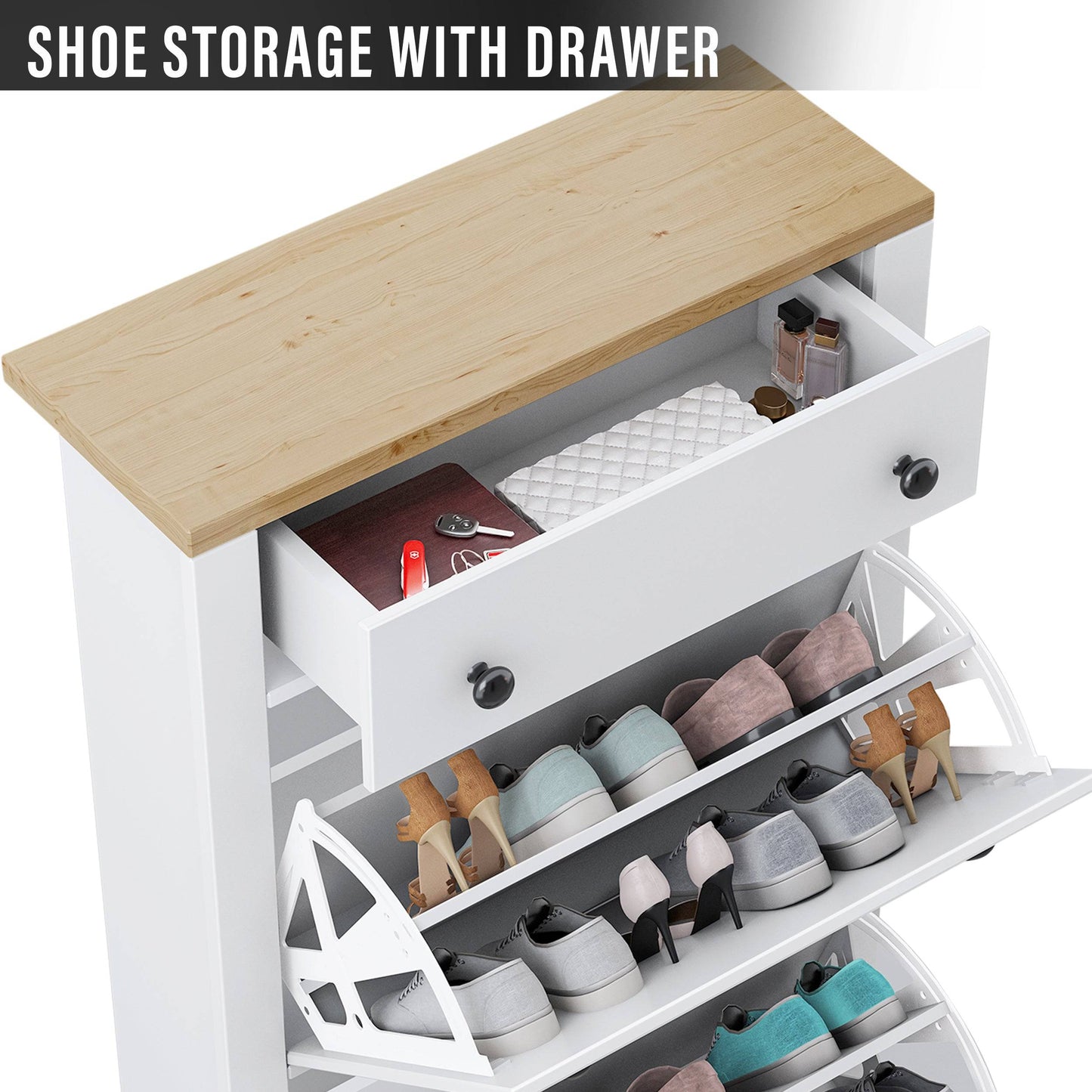 Modern Shoe Cabinet With Drawers | 2 Door Shoe Storage