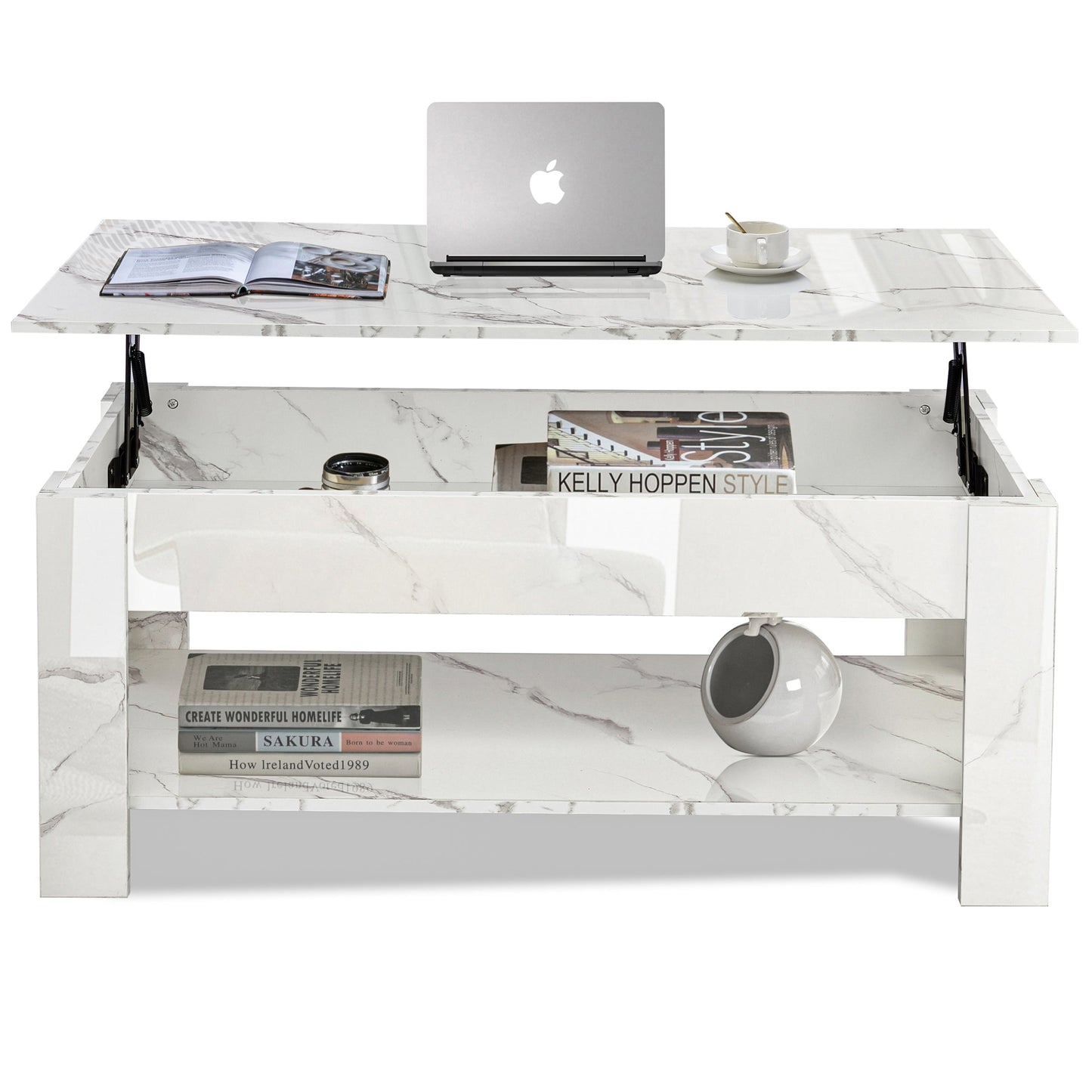 High Gloss Lift Top Coffee Table With Hidden Storage Shelf