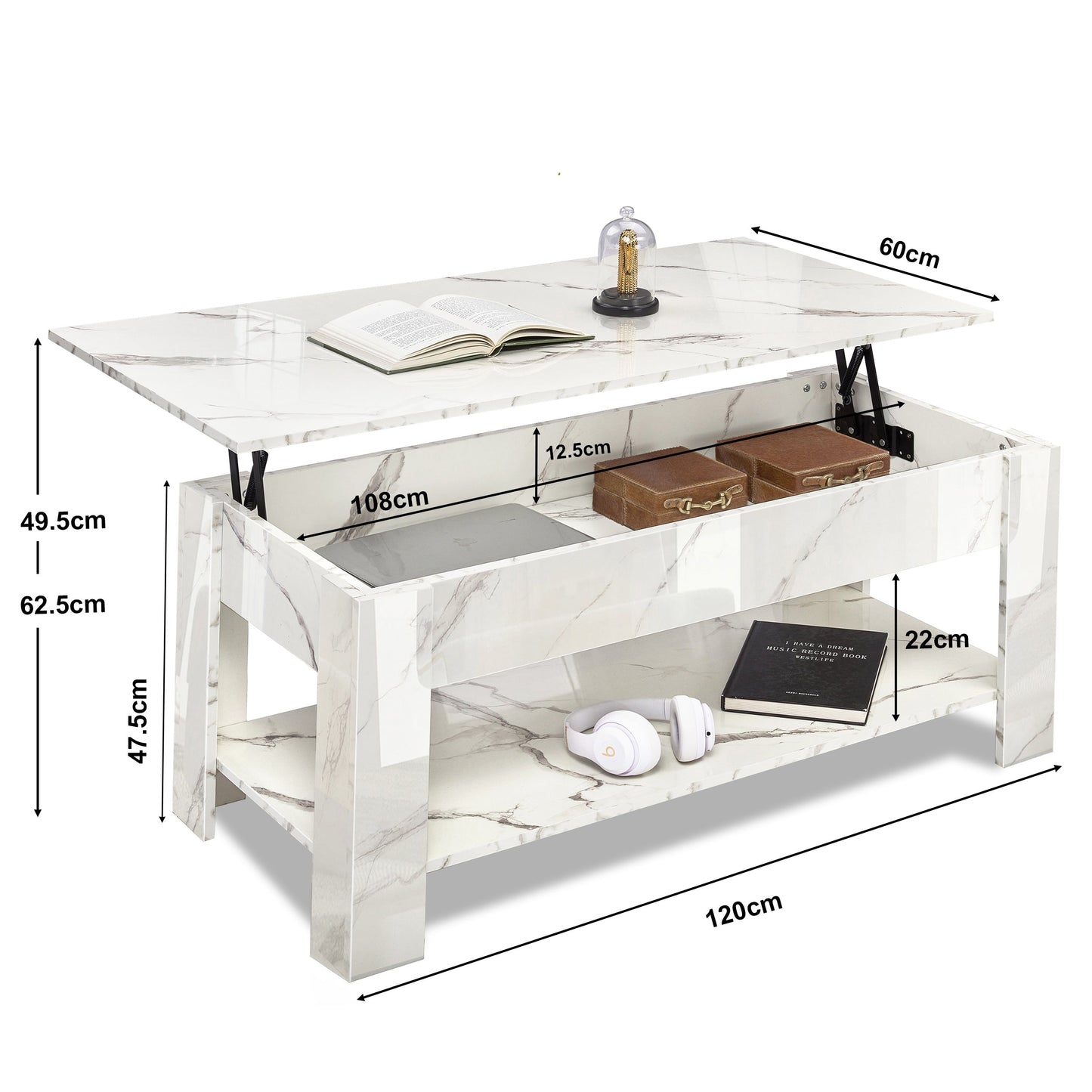 High Gloss Lift Top Coffee Table With Hidden Storage Shelf