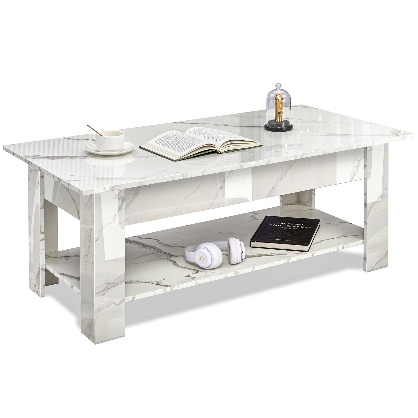High Gloss Lift Top Coffee Table With Hidden Storage Shelf