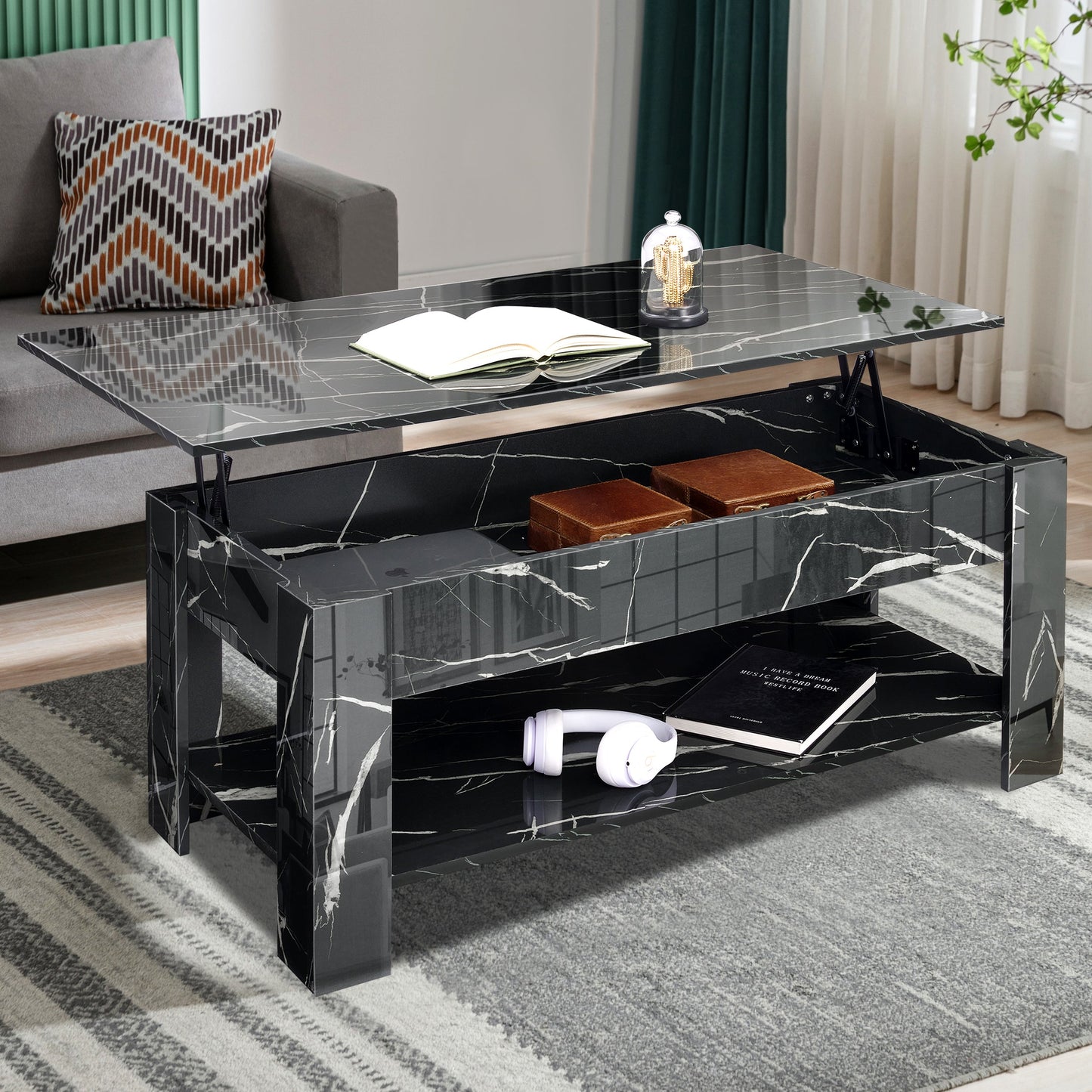 High Gloss Lift Top Coffee Table With Hidden Storage Shelf