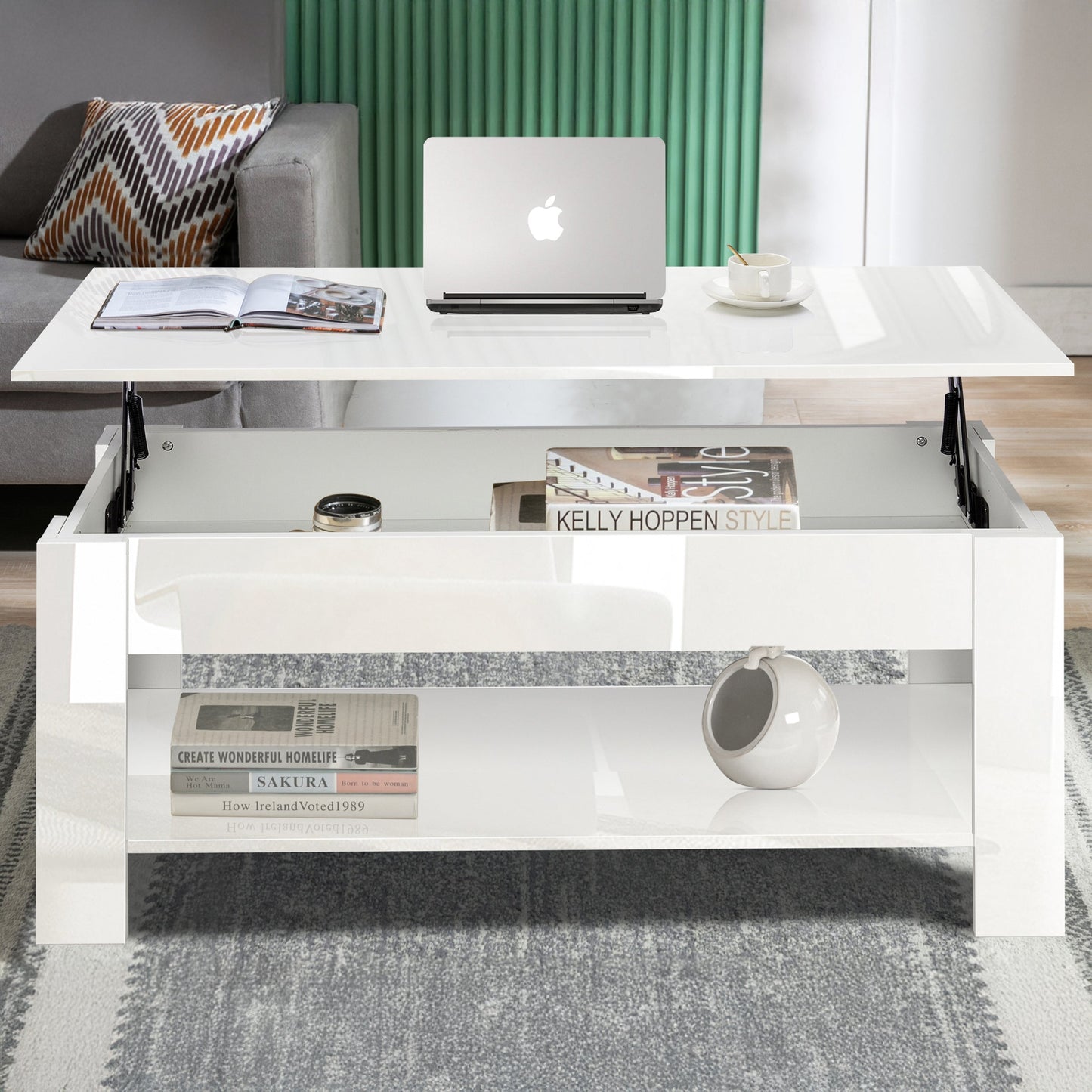 High Gloss Lift Top Coffee Table With Hidden Storage Shelf