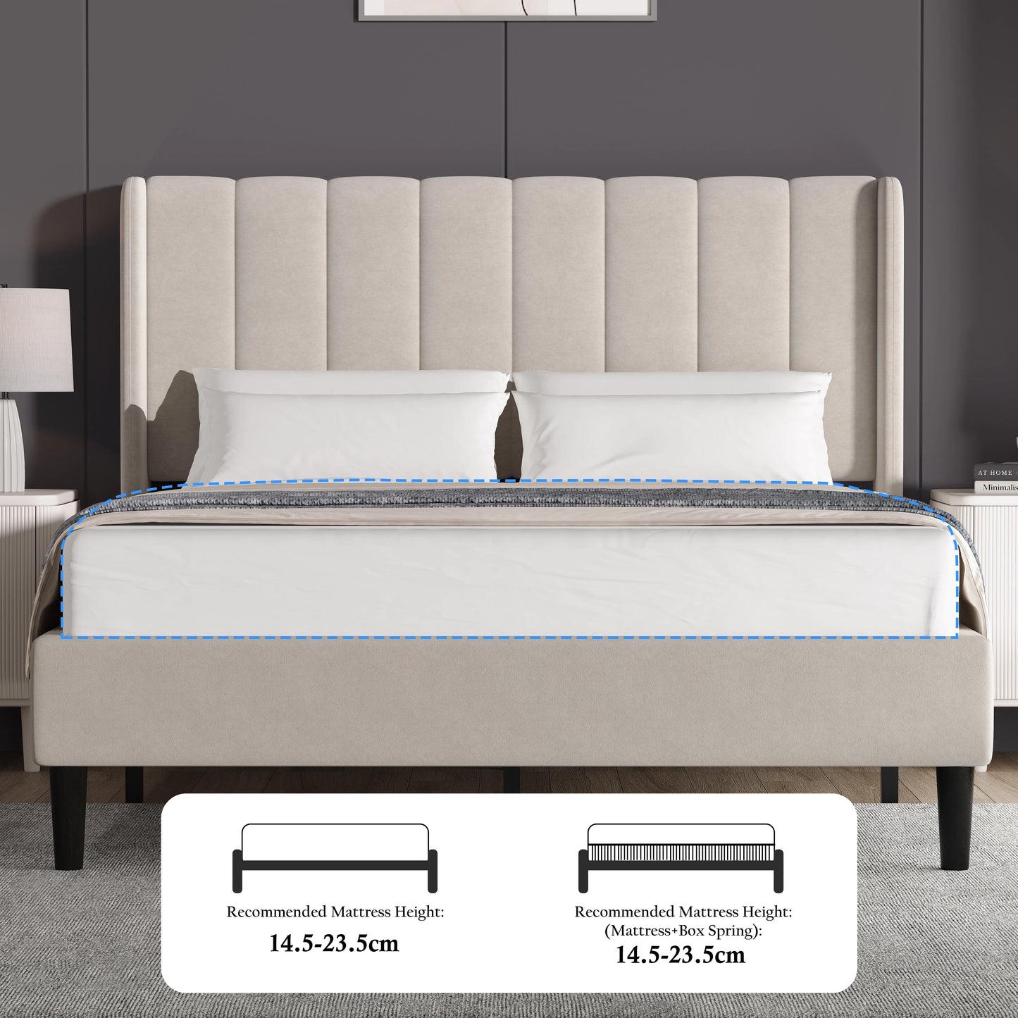 Vertical Line Velvet Upholstered Bed Frame Double & King Sizes
