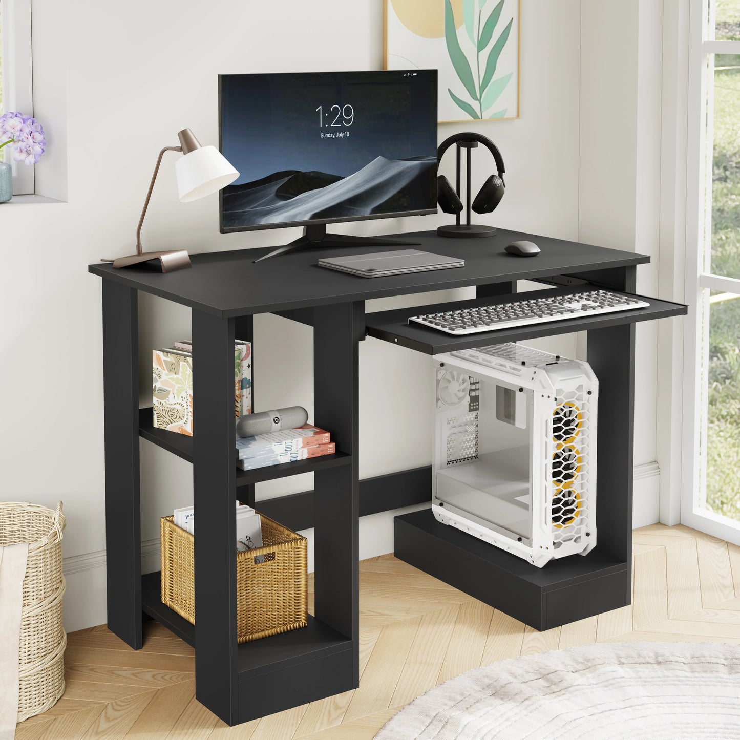 Home Office Computer Desk With Shelves For Working, Reading & Gaming