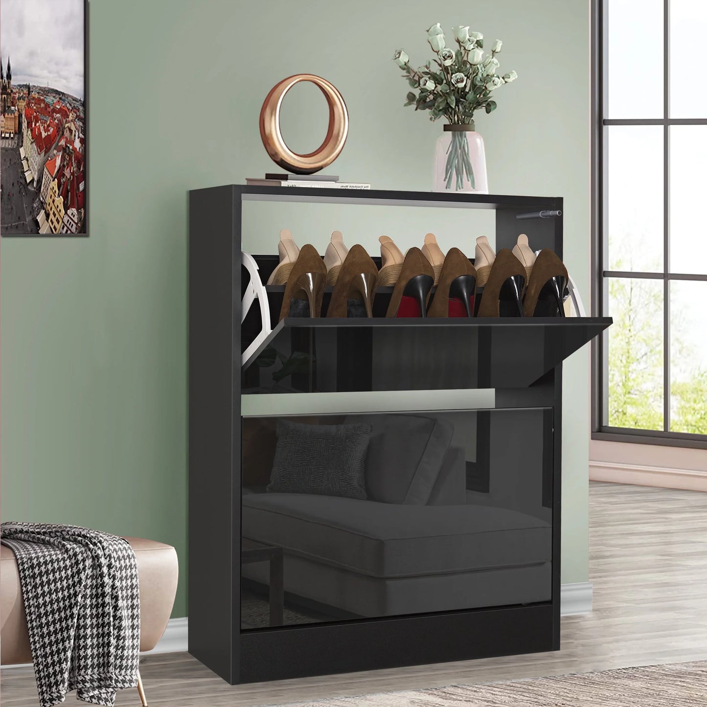High Gloss 2 Door Shoe Cabinet | Slim Shoe Storage Unit