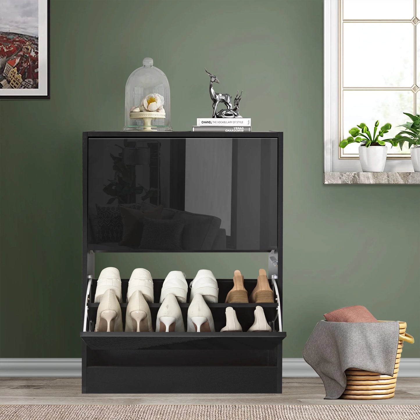High Gloss 2 Door Shoe Cabinet | Slim Shoe Storage Unit