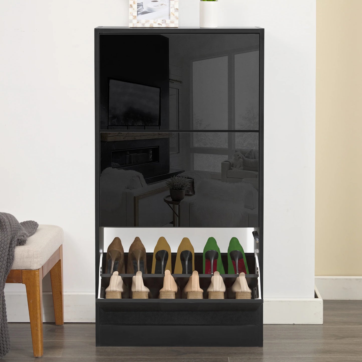 High Gloss 3 Door Shoe Cabinet | Slim Shoe Storage