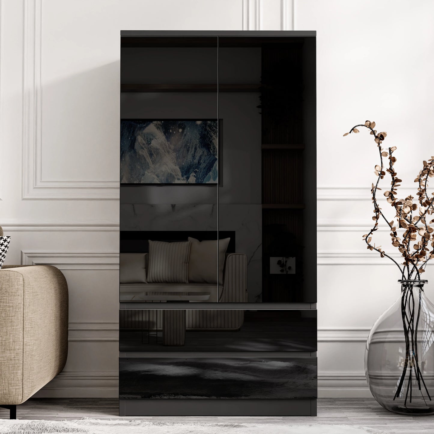 High Gloss 2 Door Wardrobe With Drawers And Hanging Space