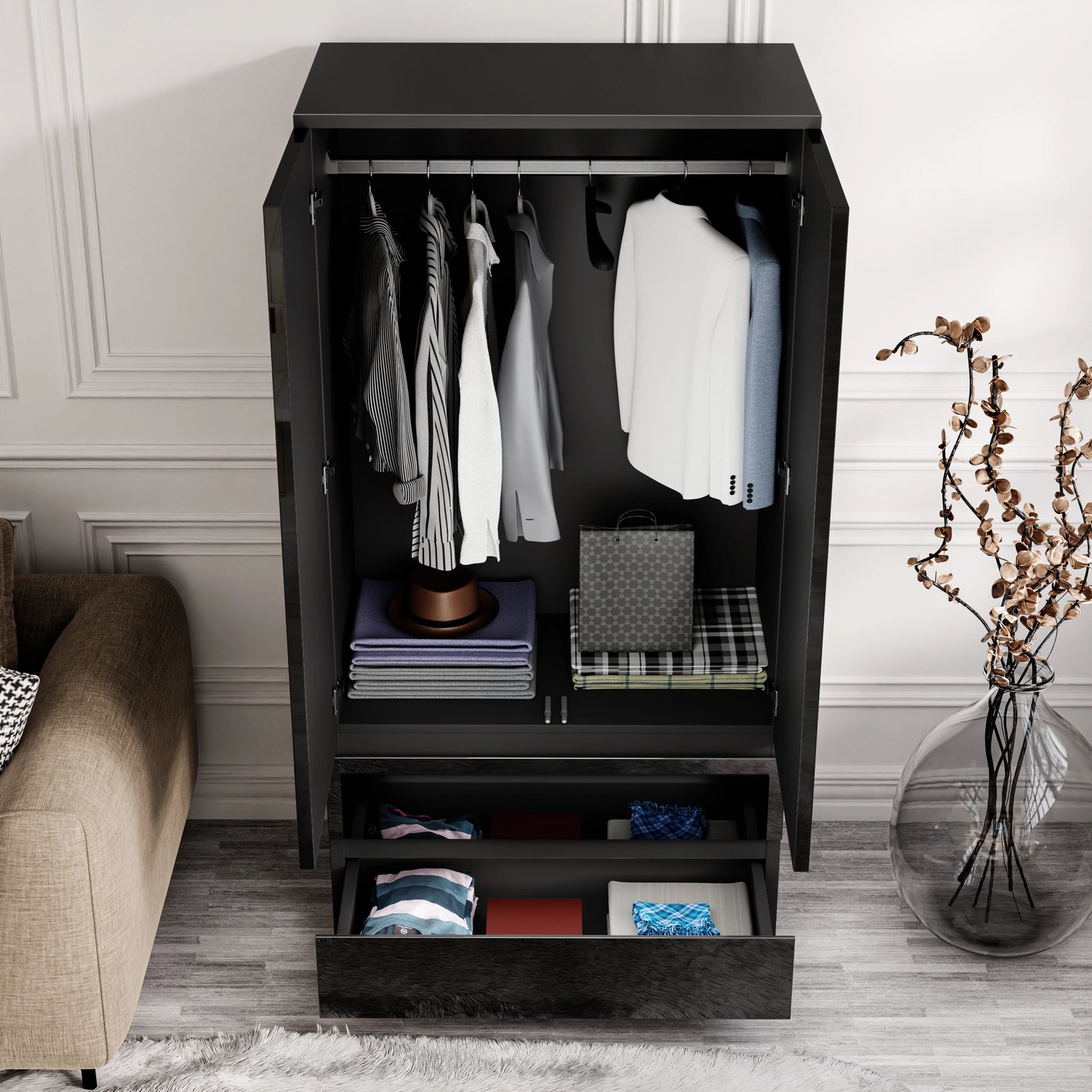 High Gloss 2 Door Wardrobe With Drawers And Hanging Space