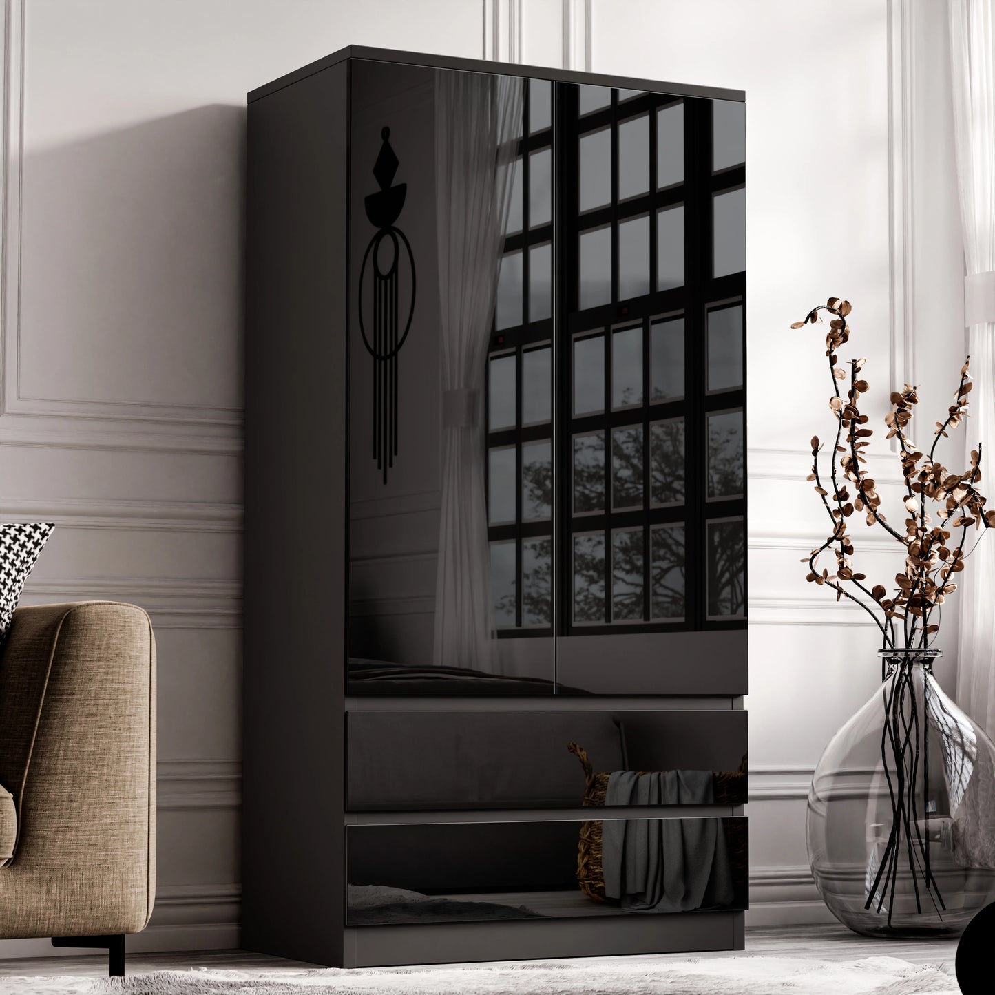 High Gloss 2 Door Wardrobe With Drawers And Hanging Space