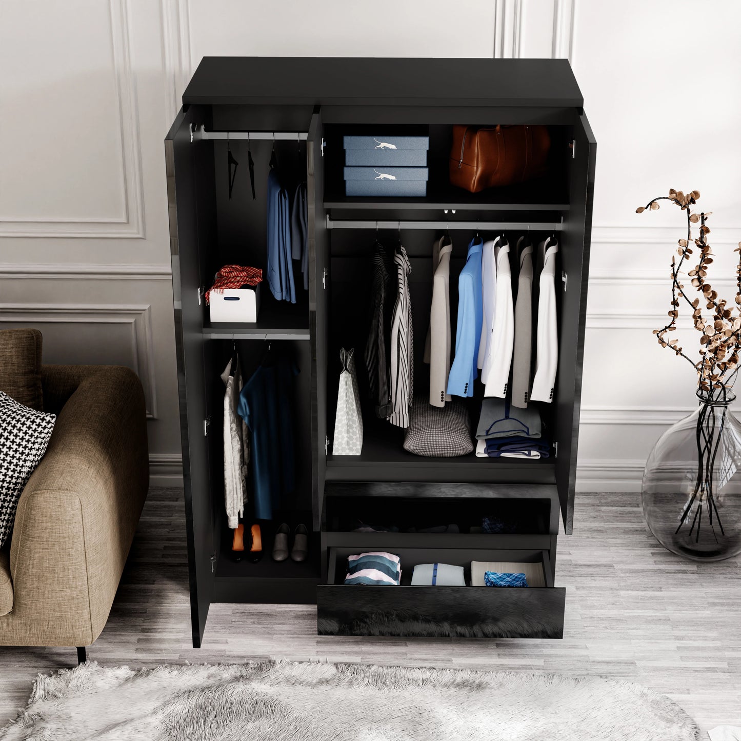 High Gloss 3 Door Wardrobe With Drawers And Shelves